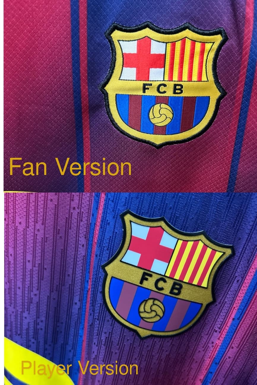 Close-up comparison of a fan version and player version club crest