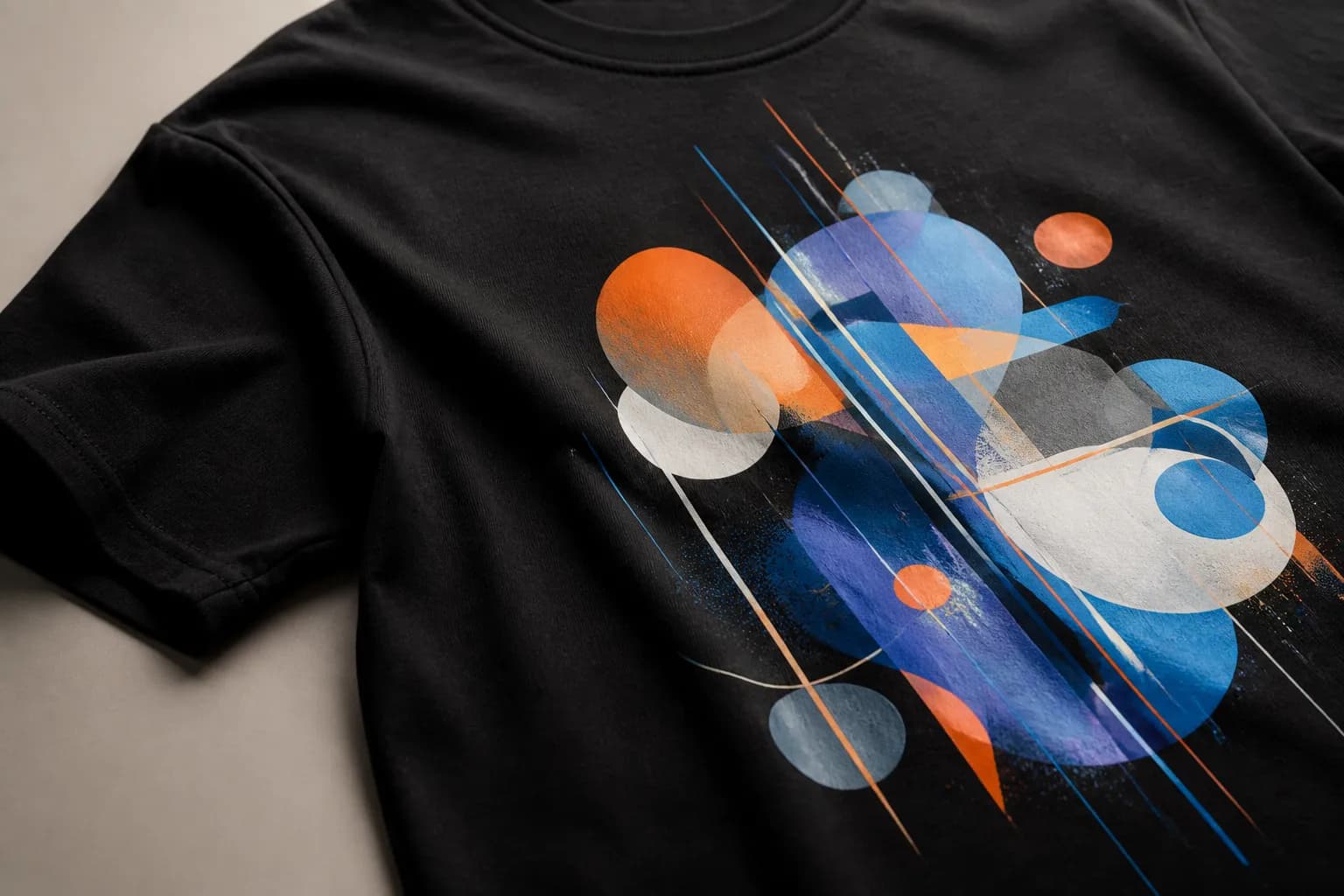Close-up of a smooth, colourful DTF transfer on black cotton fabric